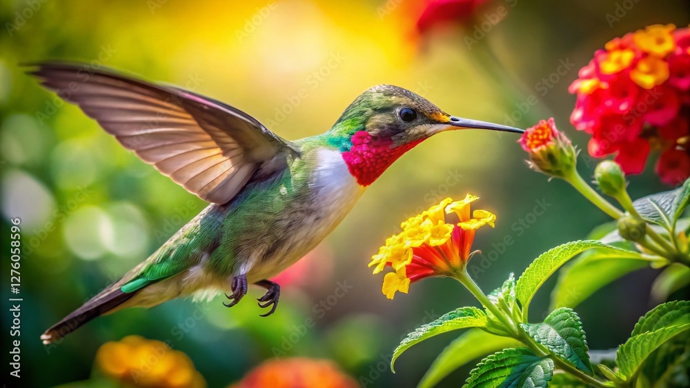 Naklejka premium Aerial Drone Shot: Hummingbird Feeding on Vibrant Flower