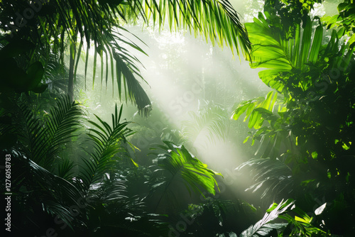 A dense tropical jungle canopy background with rich green foliage, soft sunlight beams, and misty, humid air.