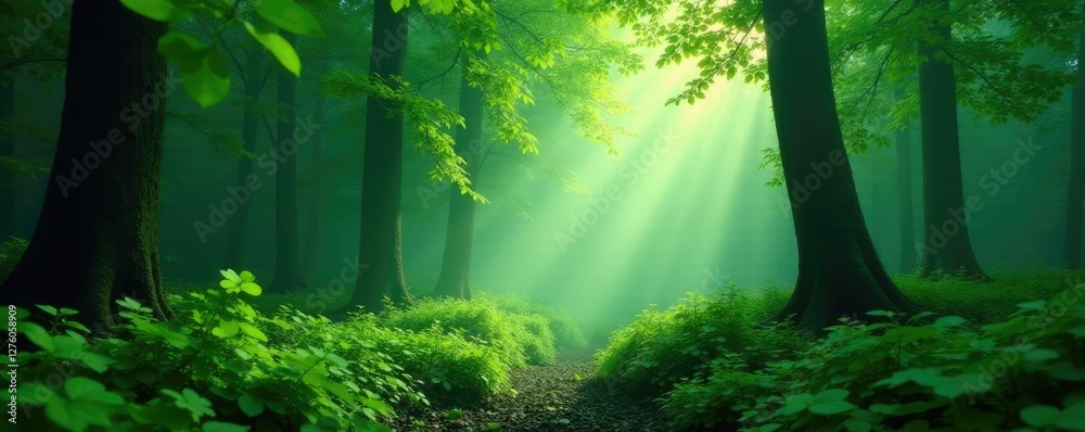 Obraz premium Misty forest scene with dense green leaves background, nature, landscape