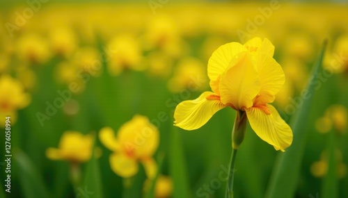 Field of Canna Glauca in full bloom with yellow petals and orange spots, spot, field