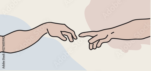 Adam and god the creation of adam famous painting michelangelo renneasince sistine chapel genesis bible motive touching fingers connections flat vector illustration Classical Art Piece modernized