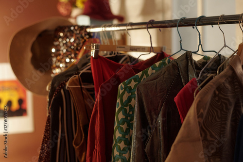 фотографія Various patterned and colorful dresses hanging on a clothing rack in a vintage shop