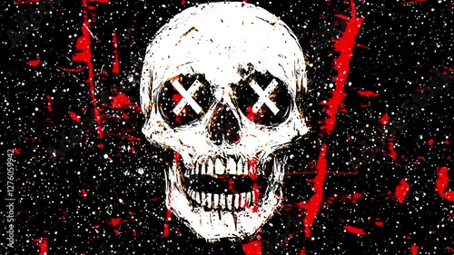 Edgy skull graphic with crossed eyes, perfect for a bold statement. Grunge texture adds a raw, rebellious feel