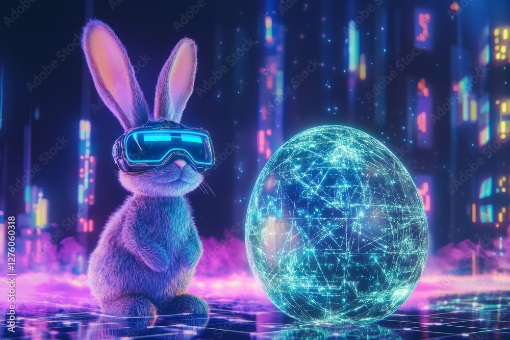 A futuristic Easter Bunny wearing high-tech glasses, standing beside a large glowing egg, as neon lights pulse around it in a digital landscape.