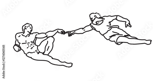 Adam and god the creation of adam famous painting michelangelo renneasince sistine chapel genesis bible motive touching fingers connections flat vector illustration Classical Art Piece modernized