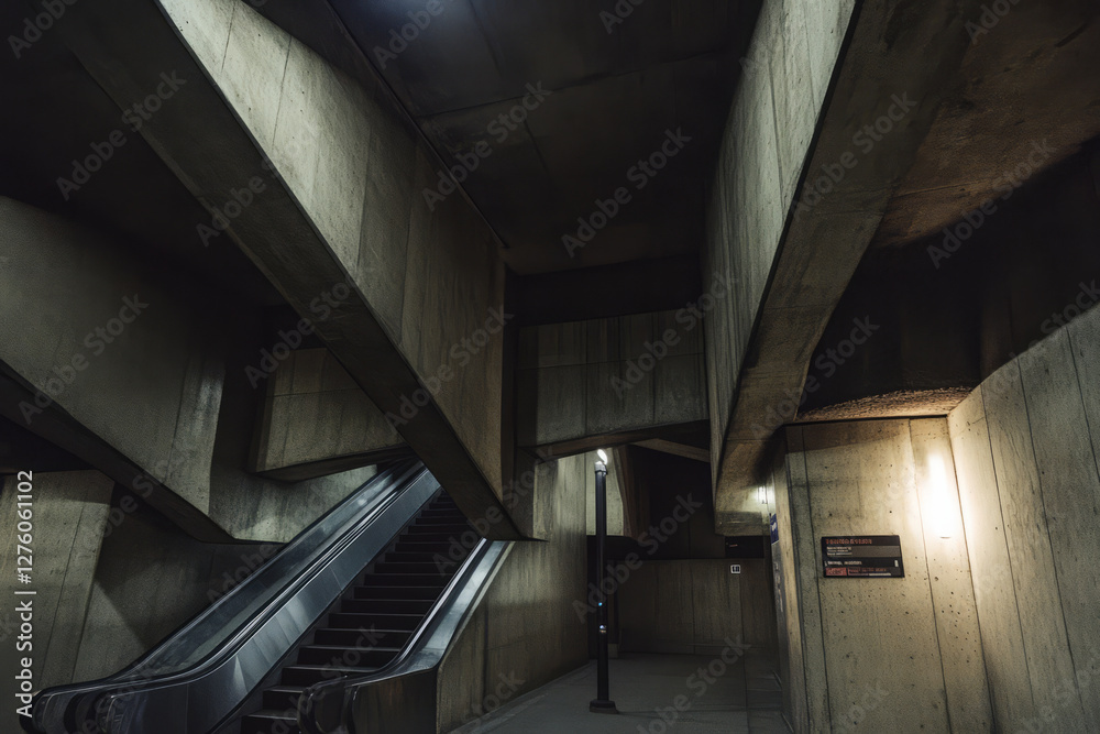 Fototapeta premium A brutalist underground metro station with heavy concrete beams, dim lighting, and raw industrial aesthetics.