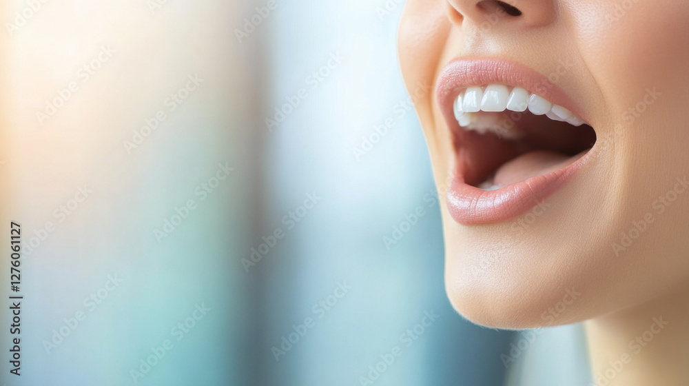 Obraz premium close up of woman mouth expressing joy while speaking, showcasing bright white teeth and vibrant smile. background is softly blurred, enhancing focus on mouth