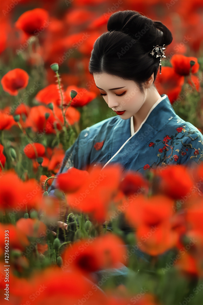 Naklejka premium Elegant Asian woman in a flowing blue dress, standing in a vibrant poppy field. Her dark hair dances in the wind, evoking a dreamy, cinematic mood—ideal for fashion, editorial, or artistic projects