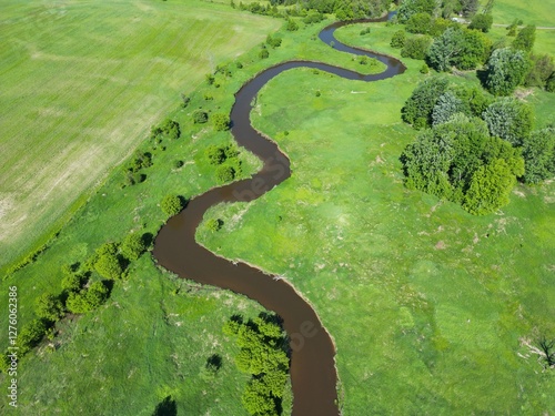 Schilderij op canvas Aerial view of a river winding through a verdant landscape of forest and fields