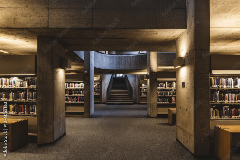 A brutalist library with massive concrete shelves, dim lighting, and a minimalist aesthetic that emphasizes raw architecture and industrial materials.