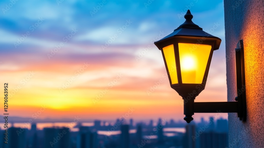 Sunset Cityscape with Wall-Mounted Lantern - A warm sunset illuminates a city skyline, beautifully framed by a glowing wall-mounted lantern Sunset Cityscape with Wall-Mounted Lantern - A warm sunset illuminates a city skyline, beautifully framed by a glowing wall-mounted lantern