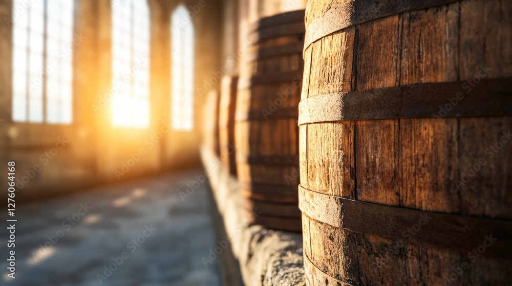 Rustic charm of aging whisky casks in sunlit distillery setting Rustic charm of aging whisky casks in sunlit distillery setting