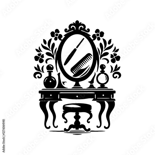 Vintage Vanity Table Silhouette Logo for Beauty Parlor on White Backdrop

