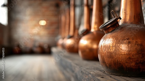 Traditional copper pot stills in distillery for whiskey and spirit production