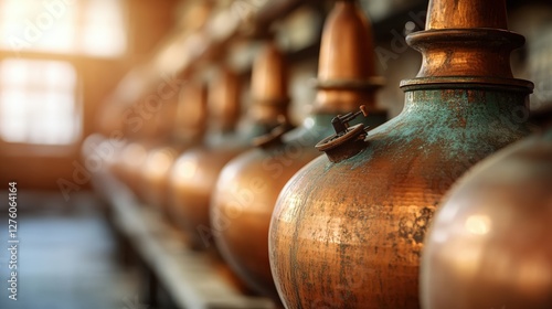Traditional copper pot stills for distillation in distillery setting
