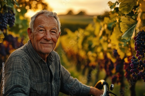 Smiling elderly vintner stands amidst his vineyard at sunset, embodying years of experience and passion.