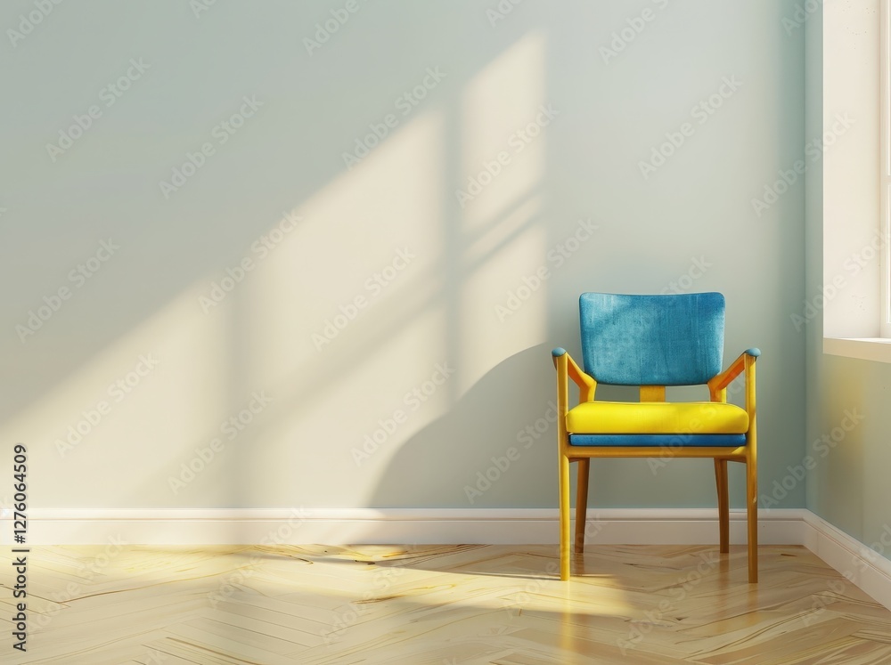 A blue and yellow armchair in a sunlit room with a pale blue wall A blue and yellow armchair in a sunlit room with a pale blue wall