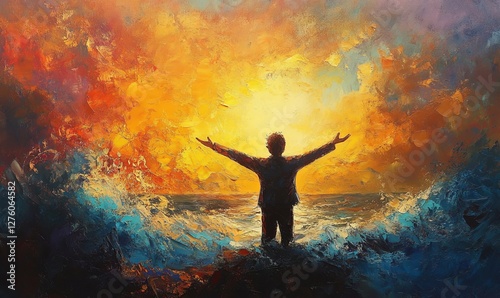 Wallpaper Mural Person embraces radiant sunlight over sea expressing freedom. Torontodigital.ca