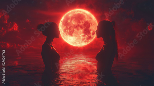 Red Moon Silhouettes Women Ocean Night  Mystical