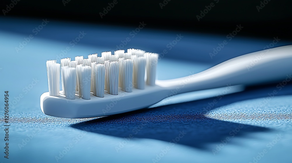 Close-up of a white toothbrush on blue fabric. Possible use for dental hygiene Close-up of a white toothbrush on blue fabric. Possible use for dental hygiene