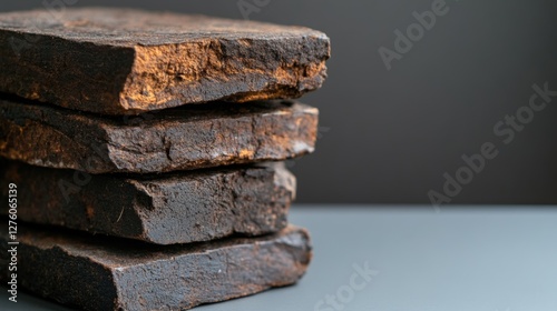 Stack of dark textured peat bricks against a minimalist grey background