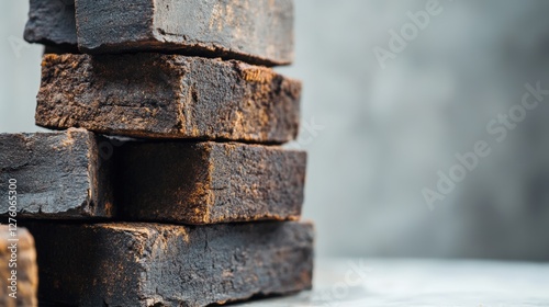 Dark textured peat briquettes for fuel or garden use