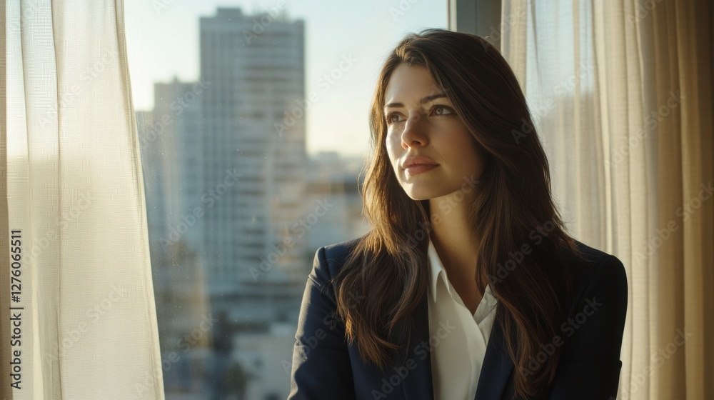 woman in business suit looking out window woman in business suit looking out window