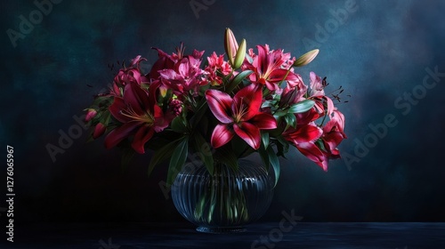 Wallpaper Mural dark moody bouquet of red lilies in glass vase Torontodigital.ca