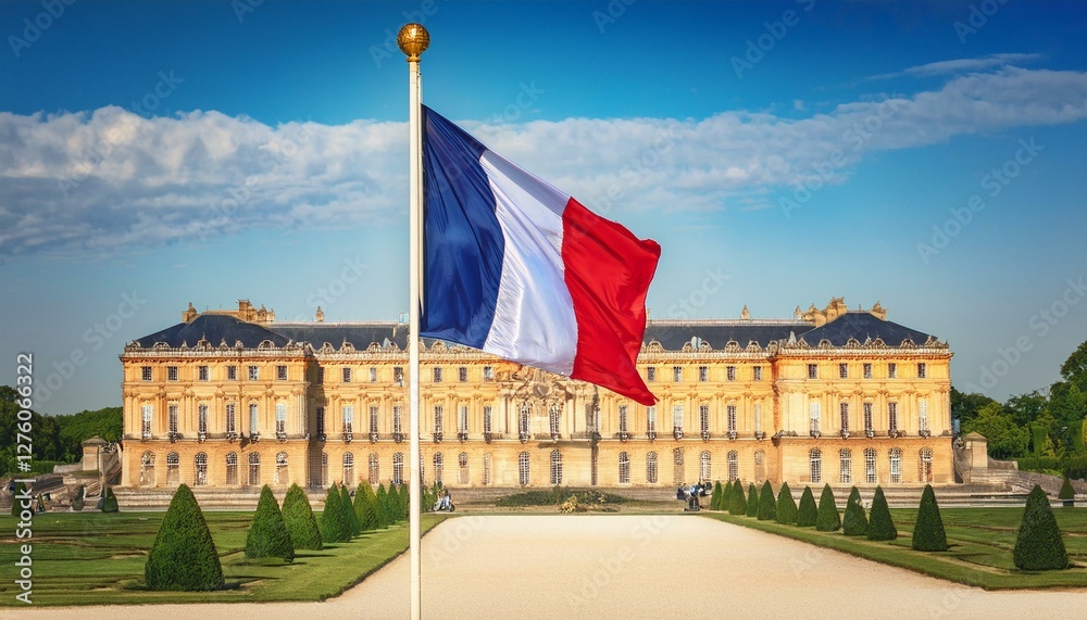 Fototapeta premium A grand French flag waving in front of the Palace of Versailles.