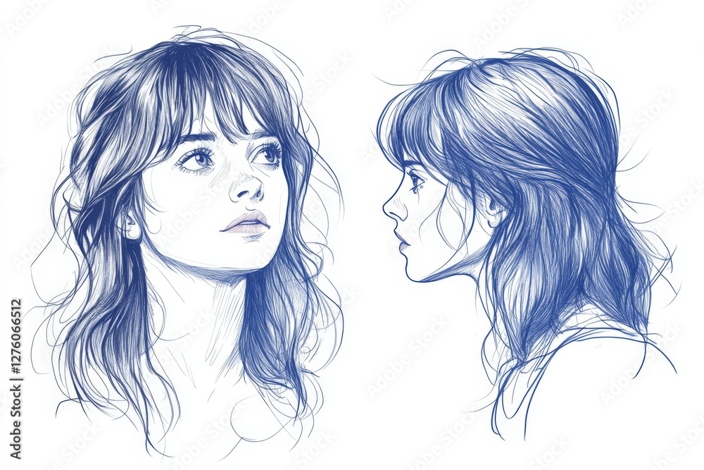 Detailed sketch of a young woman showcasing different facial perspectives and expressions Detailed sketch of a young woman showcasing different facial perspectives and expressions