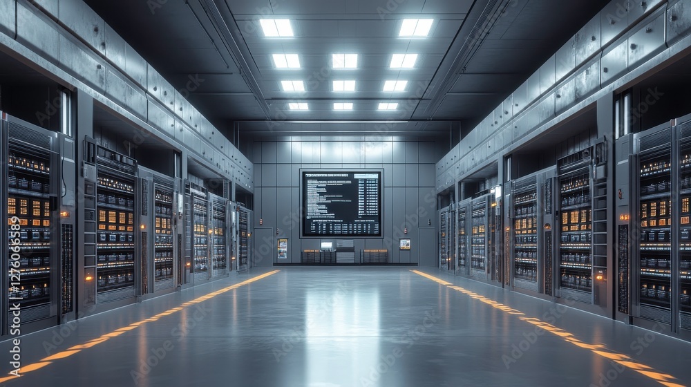 A sleek, modern server room with rows of servers, bright overhead lights, and a central display board, creating a high-tech atmosphere. A sleek, modern server room with rows of servers, bright overhead lights, and a central display board, creating a high-tech atmosphere.