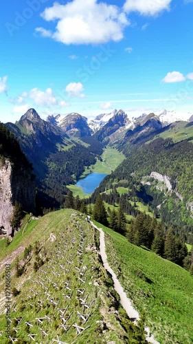 Vertical Drone view of the mountains in Appenzell, Switzerland.