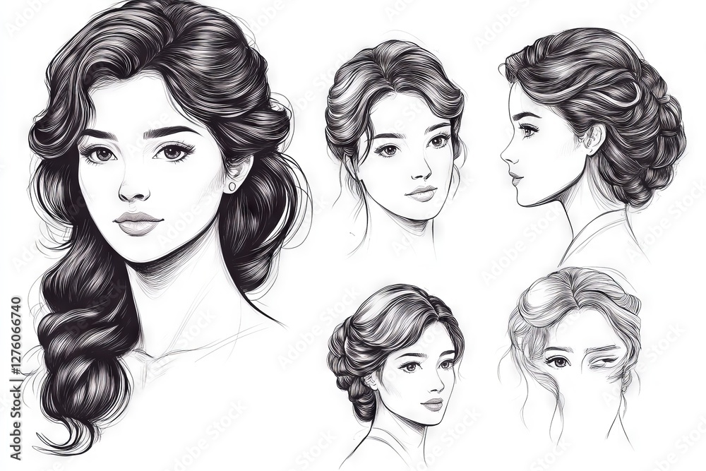 Obraz premium Different hairstyles and looks of young women displayed in detailed sketches showcasing various expressions and styles