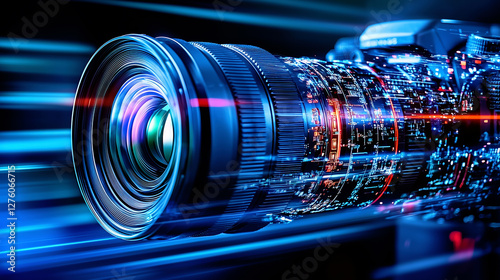 Futuristic camera lens with digital data motion effect