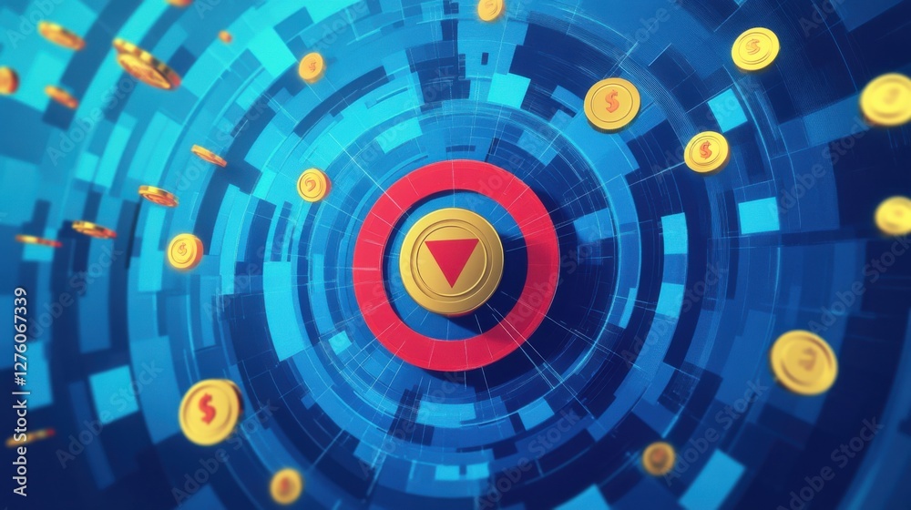 Data-driven ad targeting illustration, digital style, blue and precision red colors, return on investment concept Data-driven ad targeting illustration, digital style, blue and precision red colors, return on investment concept