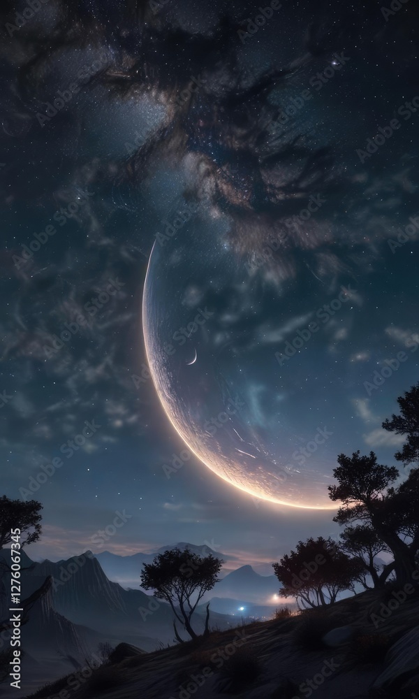 Starry night scene with a crescent moon shining brightly in the foreground, natural, peaceful Starry night scene with a crescent moon shining brightly in the foreground, natural, peaceful