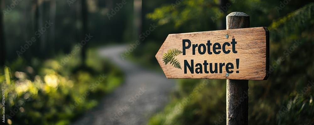 A wooden sign in a forest urges people to A wooden sign in a forest urges people to