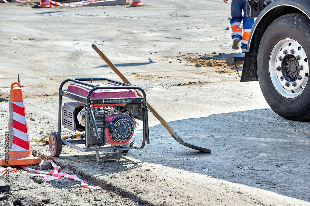 Construction site with generator and equipment on a sunny day in an urban setting. Copy space.