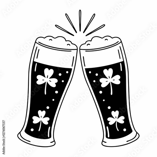 Two beer glasses adorned with shamrocks are illustrated clinking together, suggesting a celebratory toast