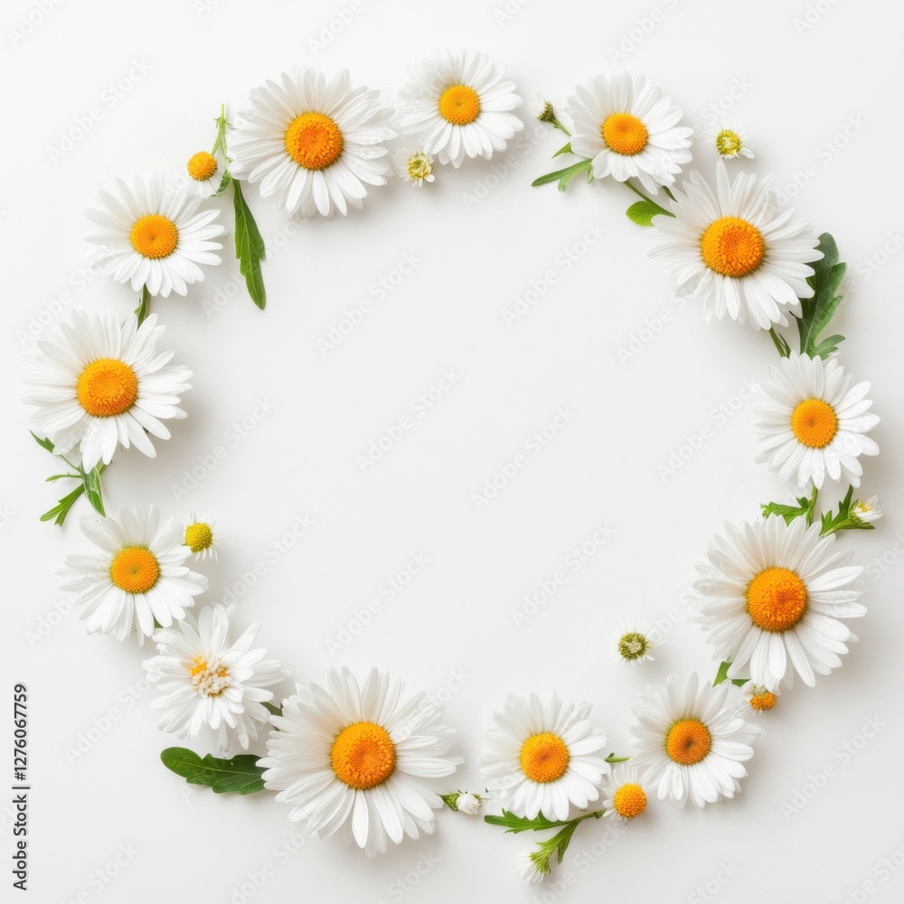 Obraz premium beautiful circle of daisy flowers on white background, creating fresh and cheerful atmosphere. Perfect for spring themes and floral designs