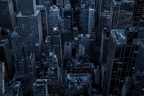 A dystopian brutalist megacity skyline, filled with imposing monolithic buildings, endless gray facades, and occasional dim artificial lights creating a cold, industrial atmosphere.