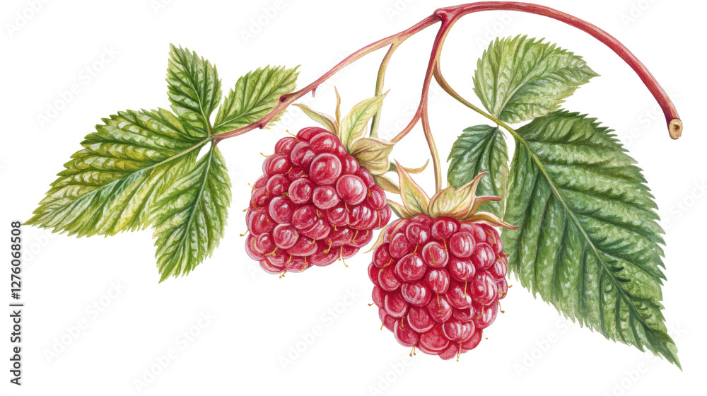 raspberry with leaves isolated on white