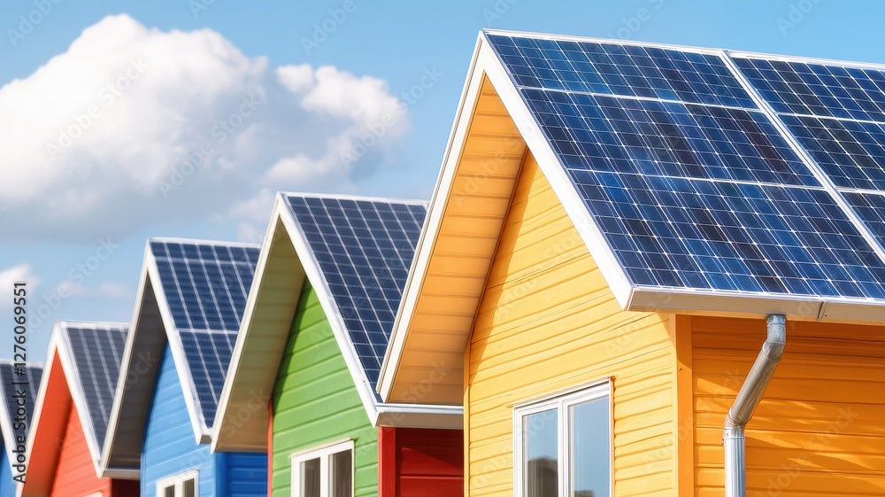 Fototapeta premium Colorful houses with solar panels on rooftops under a clear blue sky, showcasing sustainable energy and vibrant architecture.