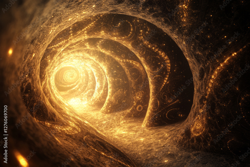 Naklejka premium A cosmic tunnel made of glowing nebulae, swirling fractal patterns, and infinite spirals stretching toward a mysterious glowing light.