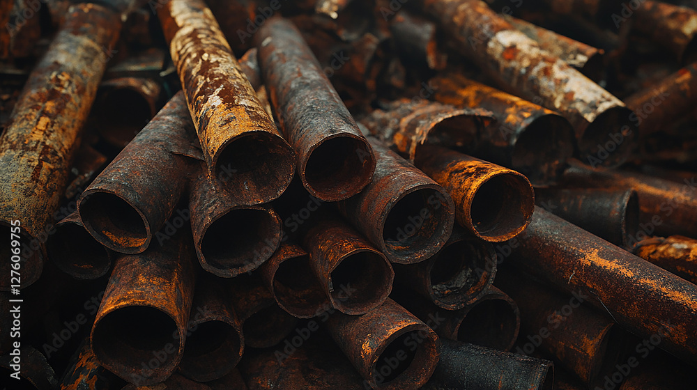 A heap of discarded metal pipes and beams heavily rusted A heap of discarded metal pipes and beams heavily rusted
