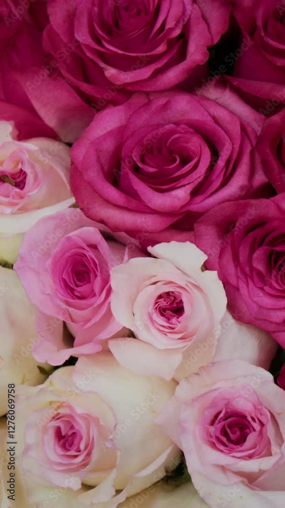 Vertical directly above no people shot of beautiful bouquet of lush buds of pink and white roses Vertical directly above no people shot of beautiful bouquet of lush buds of pink and white roses