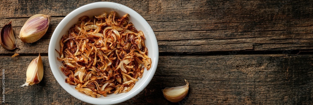 Deep Fried Shallot: Aged Crispy Garnish in White Bowl on Wooden Background Deep Fried Shallot: Aged Crispy Garnish in White Bowl on Wooden Background