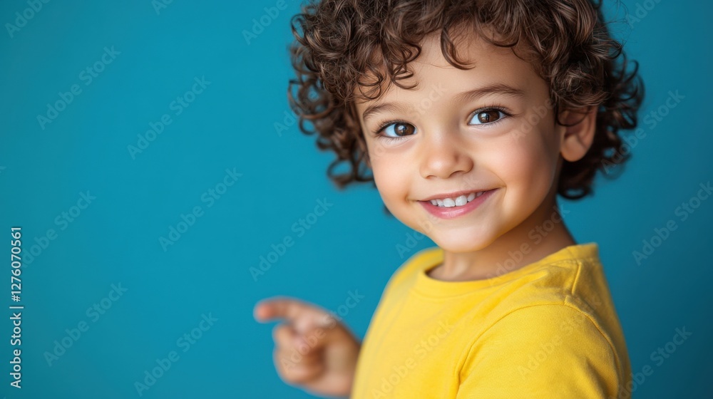 happy child with curly hair smiling and pointing happy child with curly hair smiling and pointing