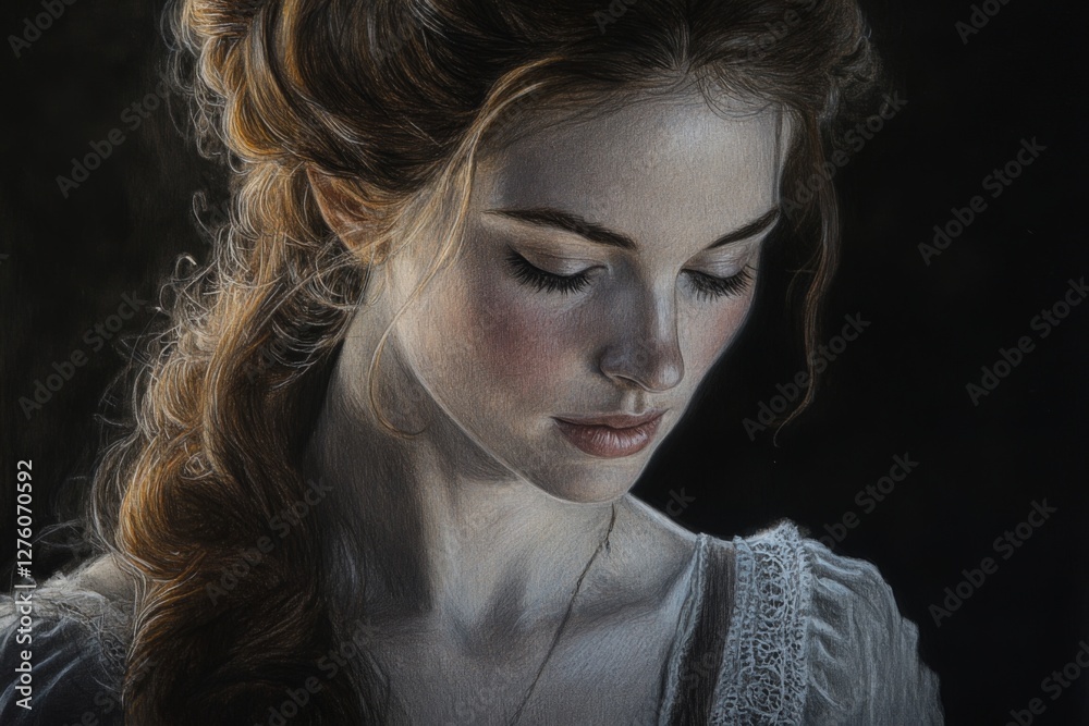 Fototapeta premium Young woman with long hair reflects deeply in thoughtful moment while dressed in soft vintage attire