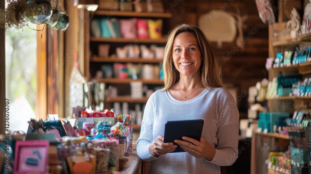 Fototapeta premium smiling shop owner using tablet in her store